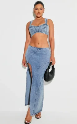 Hot PrettyLittleThing Shape Denim Seam Detail Bralet Light Blue
