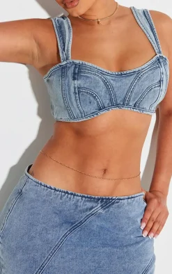 Hot PrettyLittleThing Shape Denim Seam Detail Bralet Light Blue