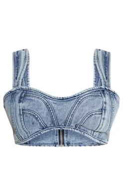 Hot PrettyLittleThing Shape Denim Seam Detail Bralet Light Blue
