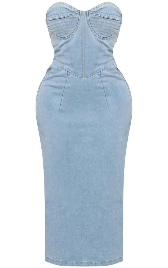 Shape Light Blue Denim Seam Detail Bandeau Maxi Dress