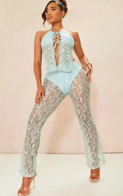 New PrettyLittleThing Shape Lace Panties Insert Flare Pants Light Blue