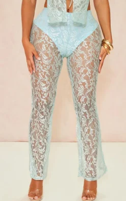 New PrettyLittleThing Shape Lace Panties Insert Flare Pants Light Blue