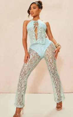 Best PrettyLittleThing Shape Lace Tie Front Crop Top Light Blue