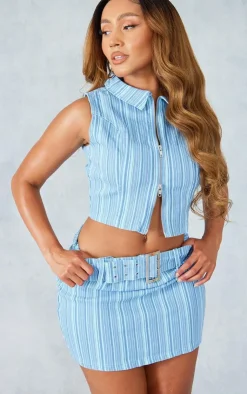 Discount PrettyLittleThing Shape Retro Stripe Buckle Low Rise Micro Mini Skirt Light Blue