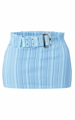 Discount PrettyLittleThing Shape Retro Stripe Buckle Low Rise Micro Mini Skirt Light Blue
