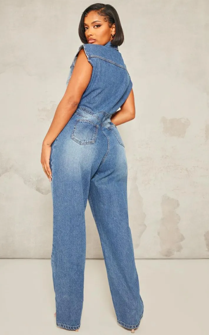 Shape Light Blue Sleeveless Rigid Denim Jumpsuit