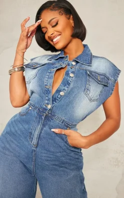 Shape Light Blue Sleeveless Rigid Denim Jumpsuit