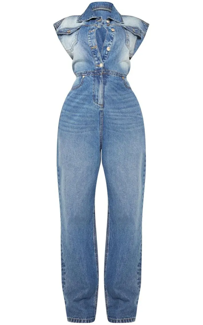 Shape Light Blue Sleeveless Rigid Denim Jumpsuit