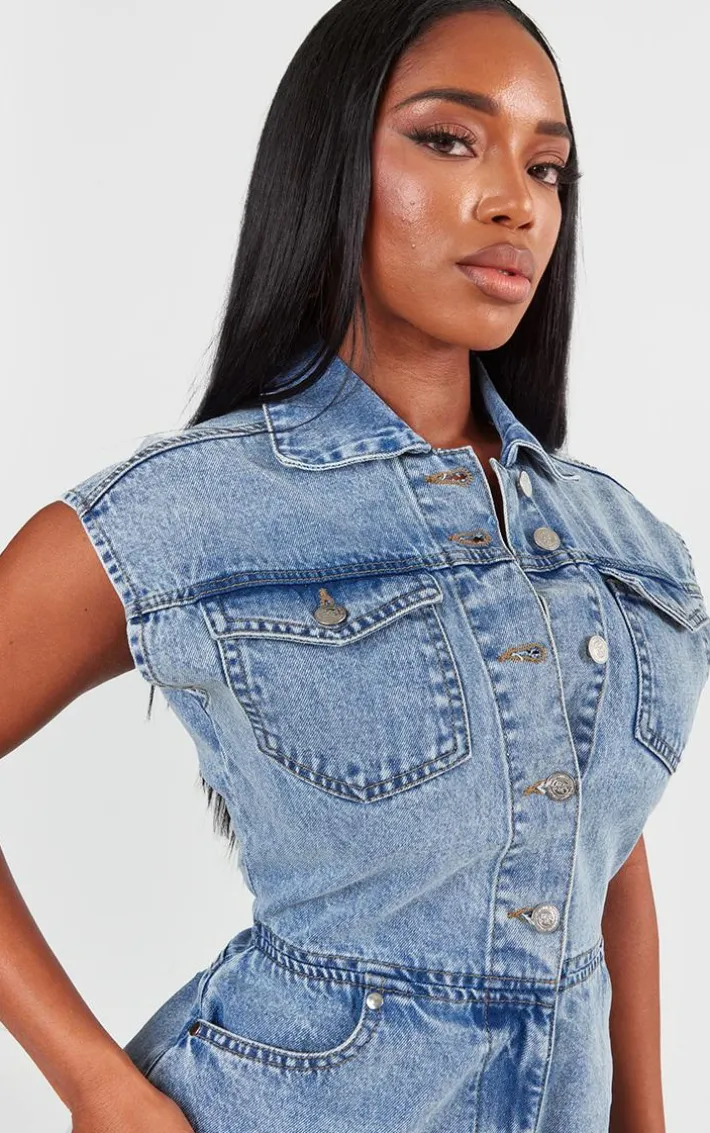 Shape Light Blue Sleeveless Rigid Denim Romper