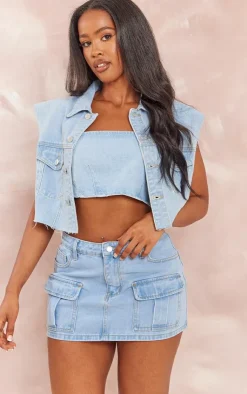 Best PrettyLittleThing Shape Denim Low Rise Micro Mini Skirt Light Blue Wash