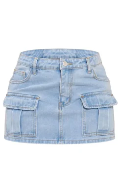 Best PrettyLittleThing Shape Denim Low Rise Micro Mini Skirt Light Blue Wash