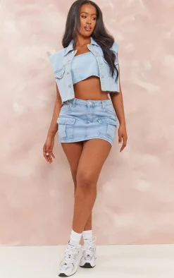 Sale PrettyLittleThing Shape Denim Raw Hem Edge Cropped Jacket Light Blue Wash
