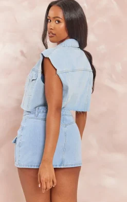 Sale PrettyLittleThing Shape Denim Raw Hem Edge Cropped Jacket Light Blue Wash