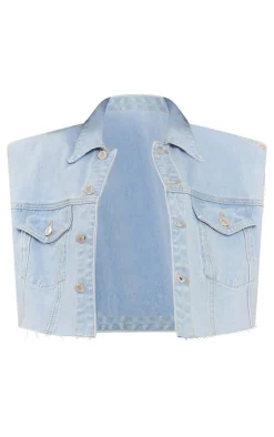 Sale PrettyLittleThing Shape Denim Raw Hem Edge Cropped Jacket Light Blue Wash