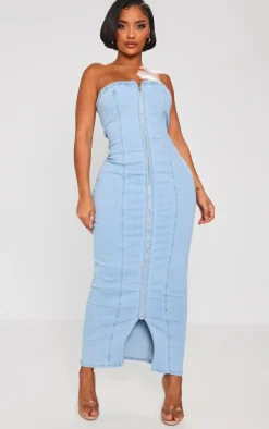 Shape Denim Zip Through Maxi Dress-PrettyLittleThing Hot