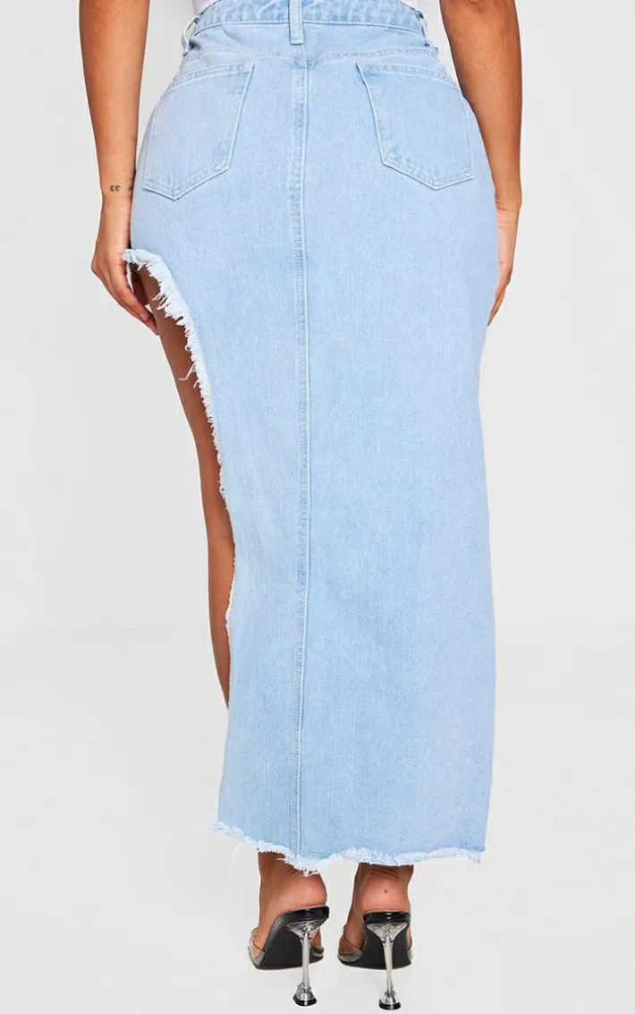 Shape Light Blue Wash Denim Asymmetric Frayed Hem Midaxi Skirt