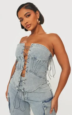 Online PrettyLittleThing Shape Denim Lace Up Front Corset Light Blue Wash
