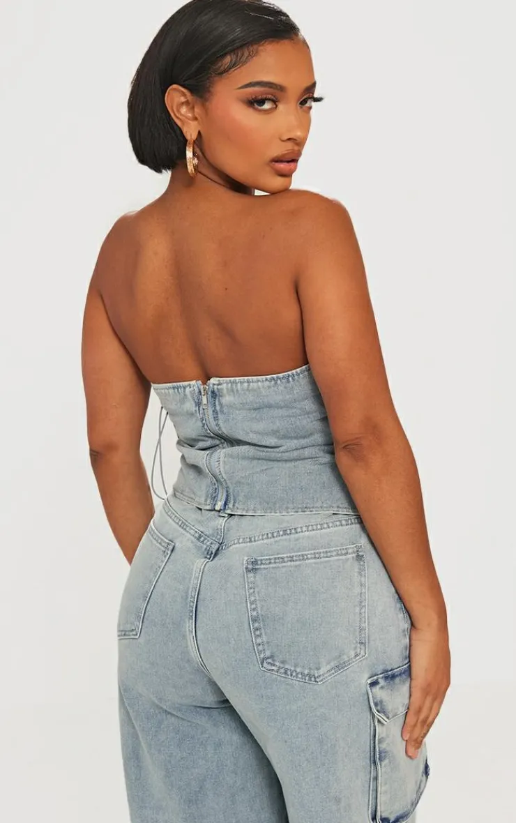 Online PrettyLittleThing Shape Denim Lace Up Front Corset Light Blue Wash
