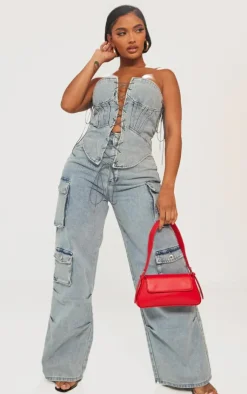 Online PrettyLittleThing Shape Denim Lace Up Front Corset Light Blue Wash