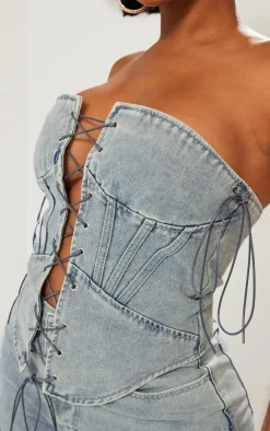 Online PrettyLittleThing Shape Denim Lace Up Front Corset Light Blue Wash