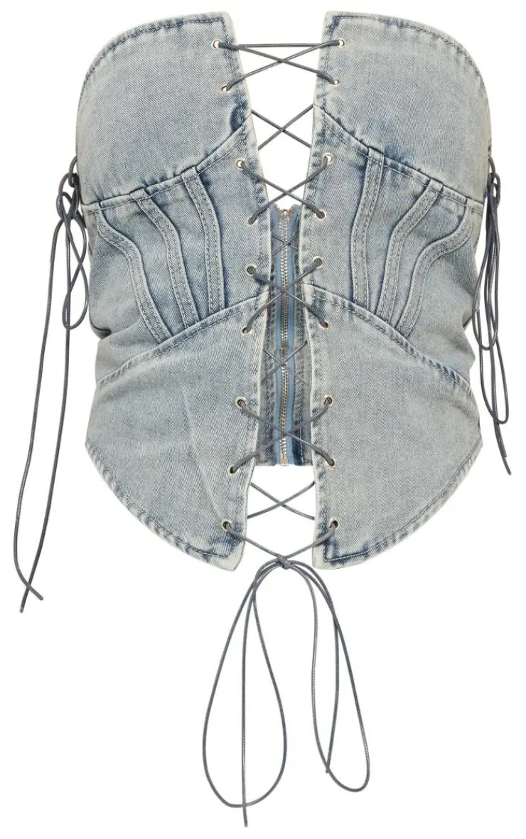 Online PrettyLittleThing Shape Denim Lace Up Front Corset Light Blue Wash