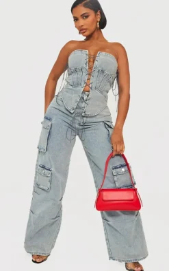 New PrettyLittleThing Shape Denim Pocket Detail Cargo Jeans Light Blue Wash