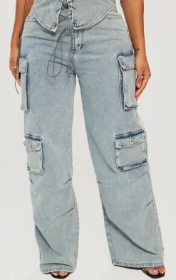 New PrettyLittleThing Shape Denim Pocket Detail Cargo Jeans Light Blue Wash