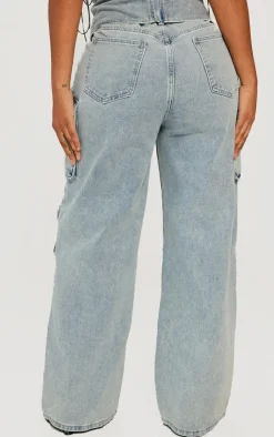 New PrettyLittleThing Shape Denim Pocket Detail Cargo Jeans Light Blue Wash