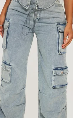New PrettyLittleThing Shape Denim Pocket Detail Cargo Jeans Light Blue Wash