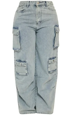 New PrettyLittleThing Shape Denim Pocket Detail Cargo Jeans Light Blue Wash