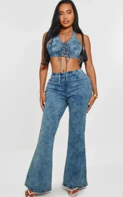 Hot PrettyLittleThing Shape Denim Lace Up Front Flare Jeans Light Blue Wash