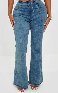 Hot PrettyLittleThing Shape Denim Lace Up Front Flare Jeans Light Blue Wash