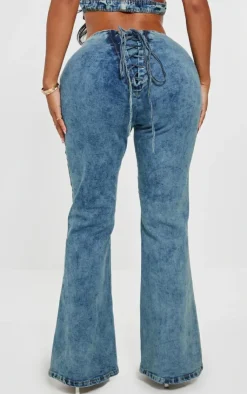 Hot PrettyLittleThing Shape Denim Lace Up Front Flare Jeans Light Blue Wash