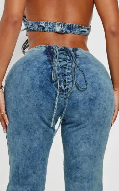 Hot PrettyLittleThing Shape Denim Lace Up Front Flare Jeans Light Blue Wash