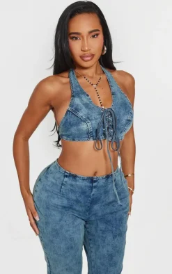 Sale PrettyLittleThing Shape Denim Halterneck Lace Up Front Crop Top Light Blue Wash