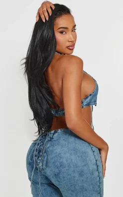 Sale PrettyLittleThing Shape Denim Halterneck Lace Up Front Crop Top Light Blue Wash