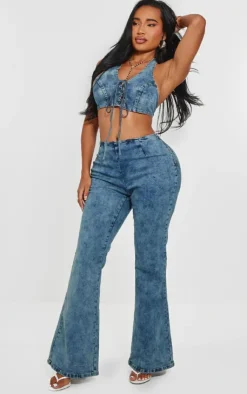 Sale PrettyLittleThing Shape Denim Halterneck Lace Up Front Crop Top Light Blue Wash
