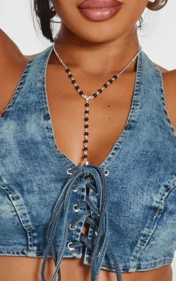 Sale PrettyLittleThing Shape Denim Halterneck Lace Up Front Crop Top Light Blue Wash