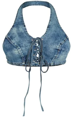 Sale PrettyLittleThing Shape Denim Halterneck Lace Up Front Crop Top Light Blue Wash