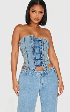 PrettyLittleThing Corsets*Shape Denim Bandeau Distressed Lace Up Detail Corset