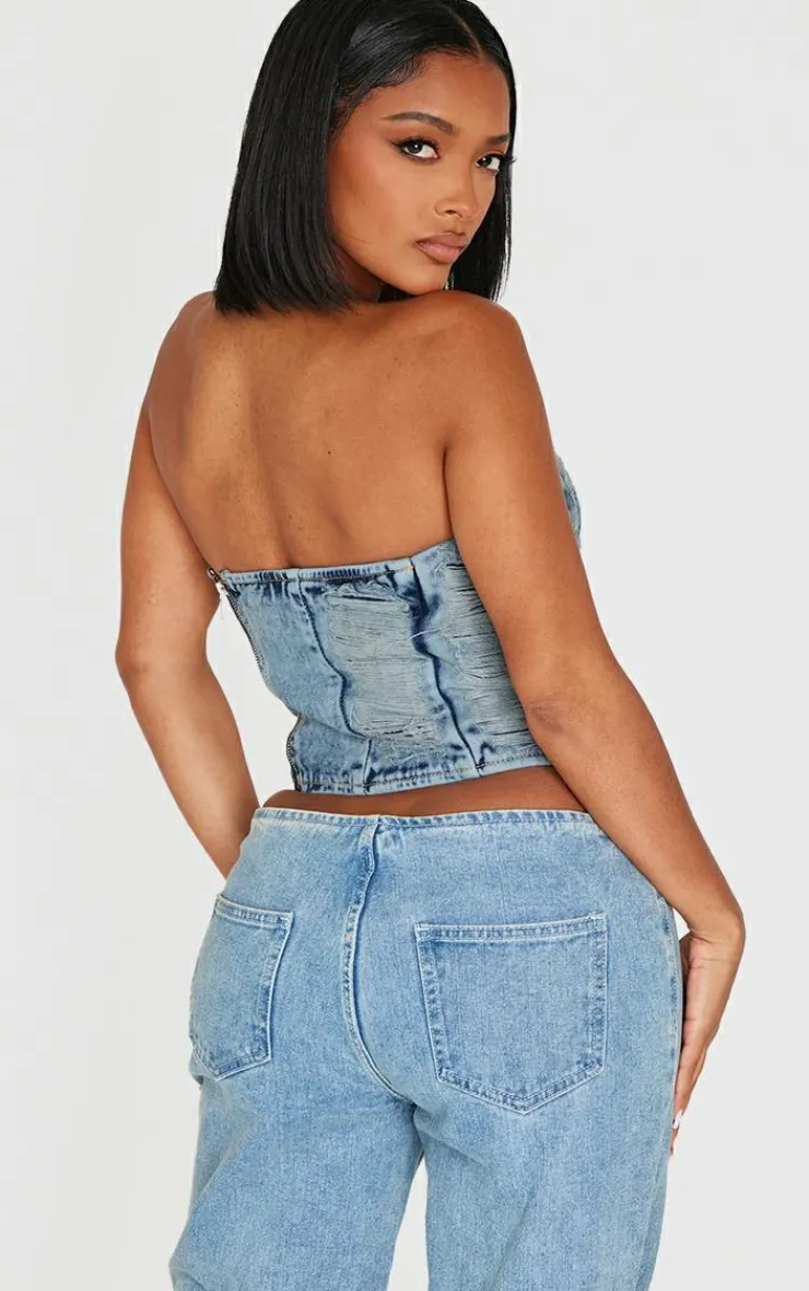 PrettyLittleThing Corsets*Shape Denim Bandeau Distressed Lace Up Detail Corset