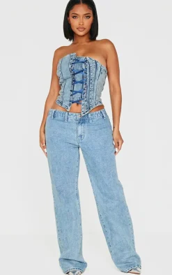 PrettyLittleThing Corsets*Shape Denim Bandeau Distressed Lace Up Detail Corset