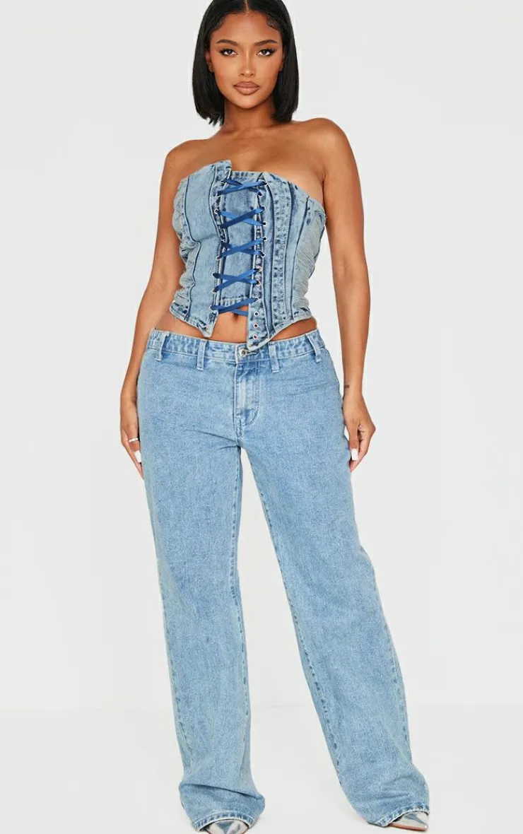 PrettyLittleThing Corsets*Shape Denim Bandeau Distressed Lace Up Detail Corset