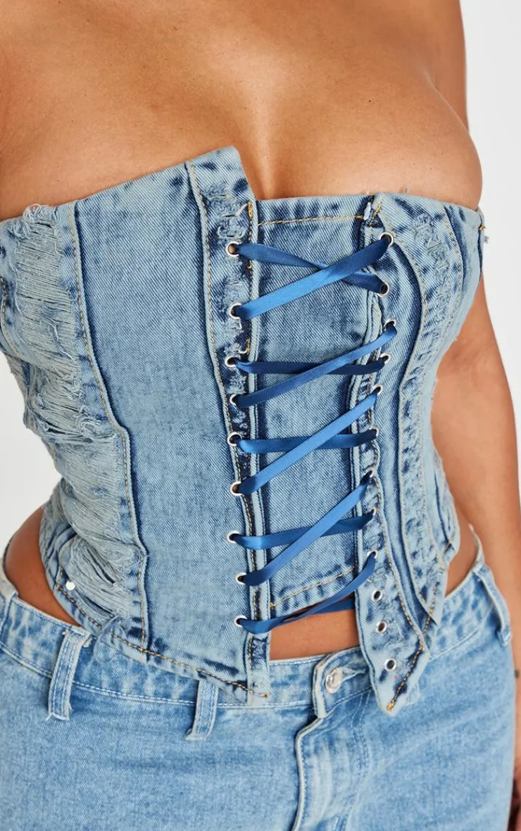 PrettyLittleThing Corsets*Shape Denim Bandeau Distressed Lace Up Detail Corset