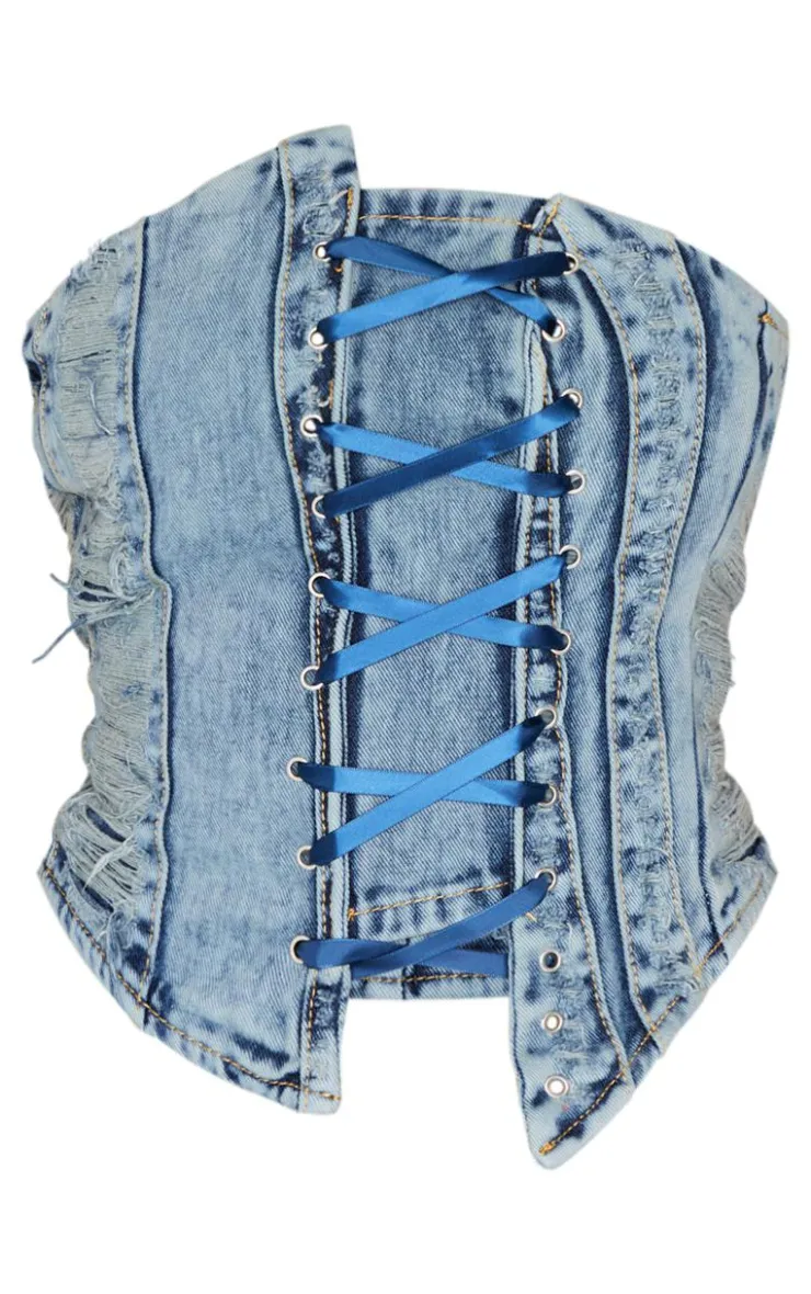PrettyLittleThing Corsets*Shape Denim Bandeau Distressed Lace Up Detail Corset