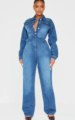 Shape Long Sleeve Rigid Denim Jumpsuit-PrettyLittleThing Clearance