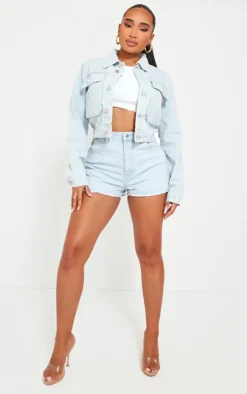 Clearance PrettyLittleThing Shape Low Waist Frayed Hem Denim Shorts Light Blue Wash