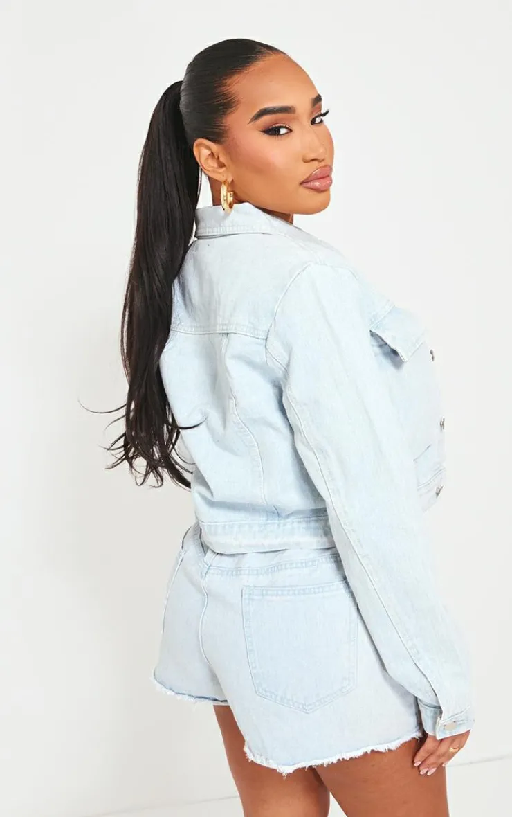 Clearance PrettyLittleThing Shape Low Waist Frayed Hem Denim Shorts Light Blue Wash