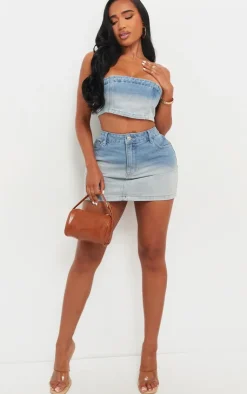 Outlet PrettyLittleThing Shape Washed Denim Low Rise Mini Skirt Light Blue