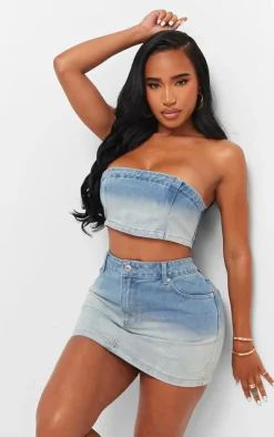 Outlet PrettyLittleThing Shape Washed Denim Low Rise Mini Skirt Light Blue
